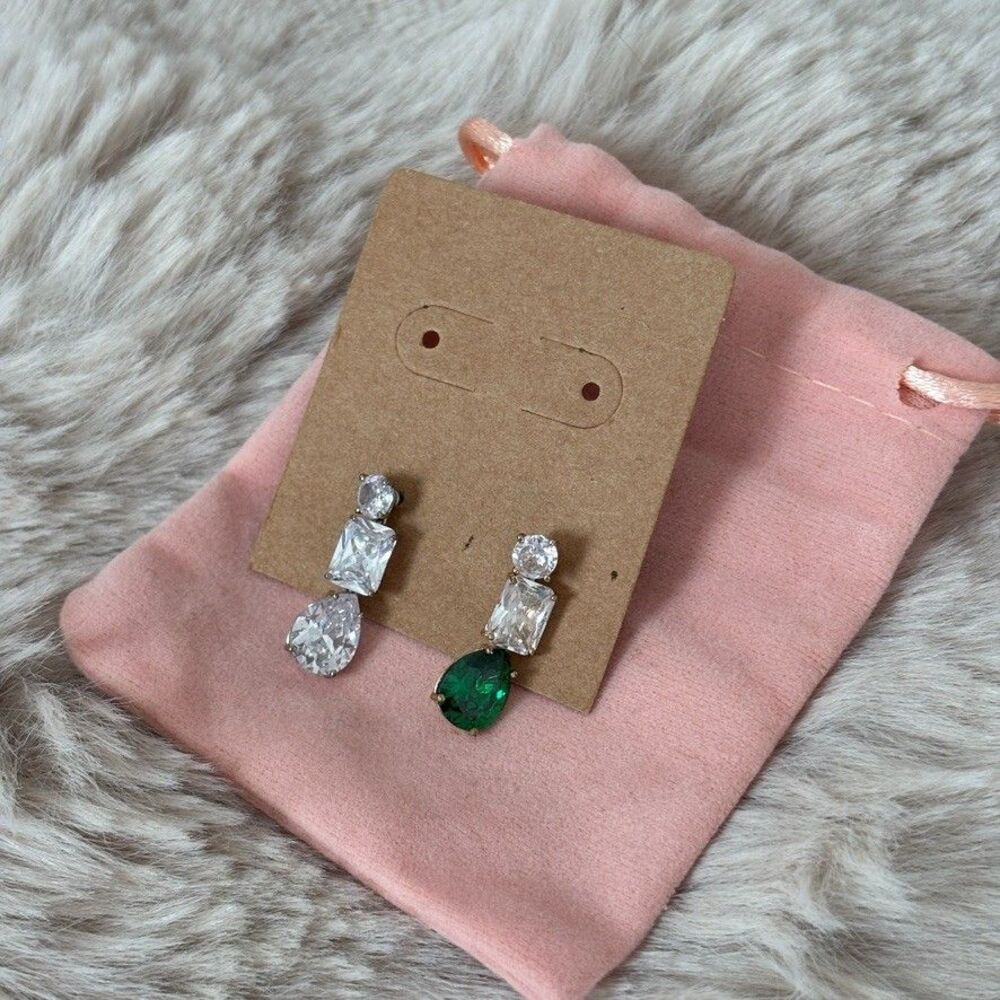 Roxanne Assoulin Mismatched CZ Drop Earrings Clear Emerald Green Mixed Cut